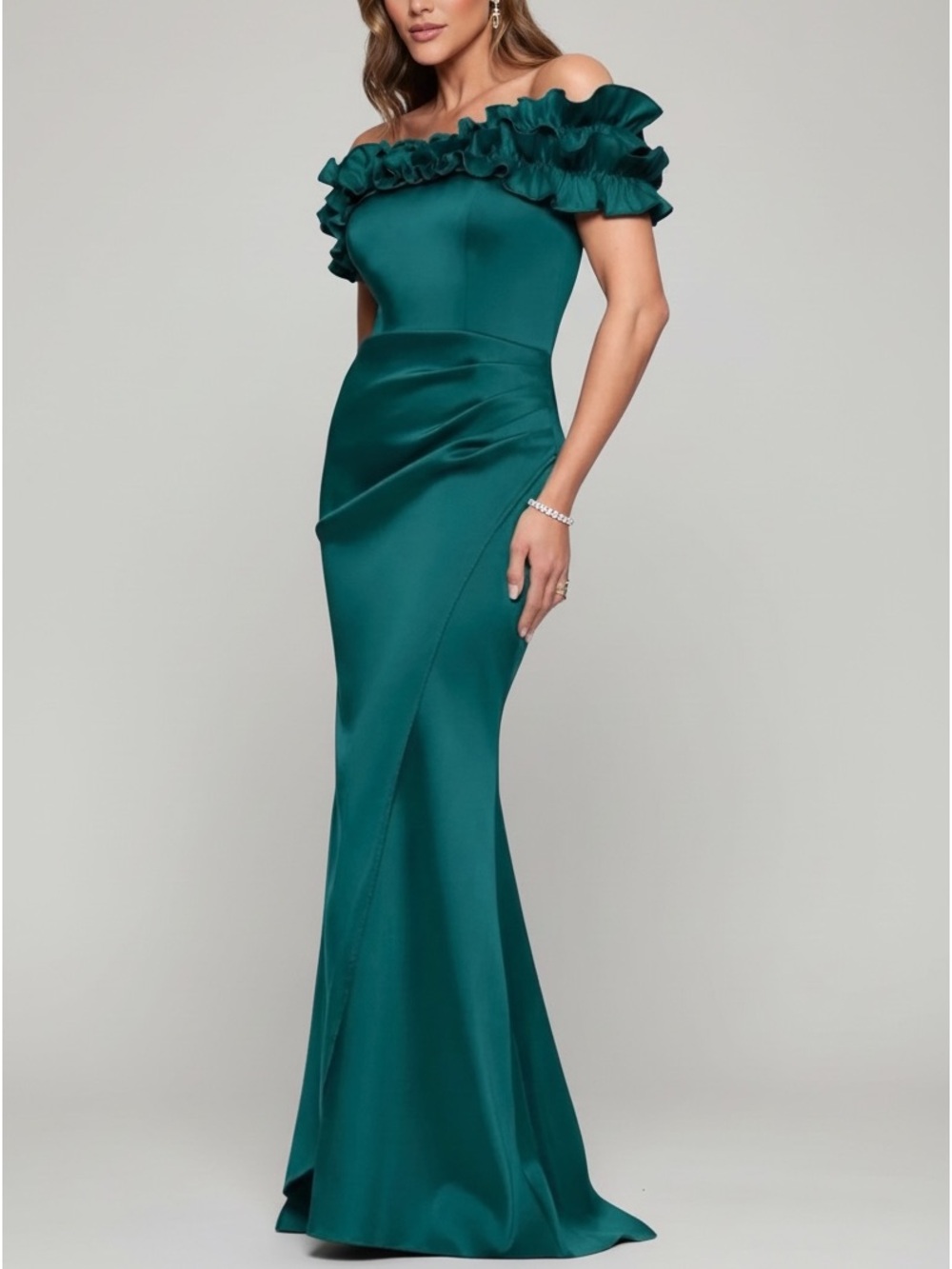 XSCAPE Green Ruffled Off-Shoulder Draped Waist Ruched Back Dress Gown Size 4